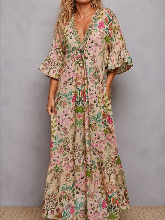 POL Dresses & Skirts - Floral V-Neck Maxi Dress in Beige and Pink